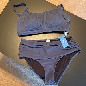 Cupshe Ribbed High-Waist Bikini Set in Slate Blue - Size Large